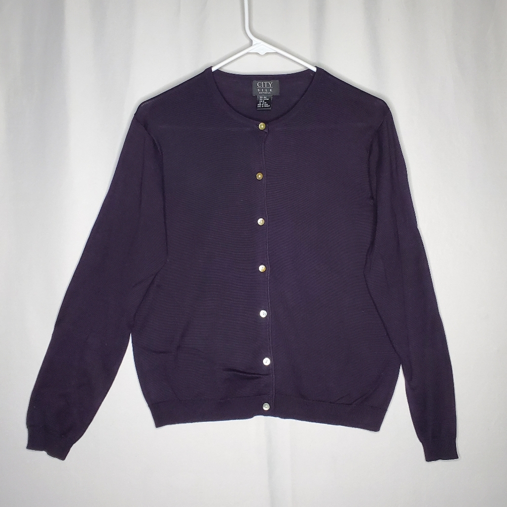 City Silk Cardigan Sweater Women‎ Medium Dark Purple Button Romantic Whimsy 90s